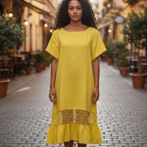 Zaucar Yellow Linen Maxi Dress with Crochet Detail, S